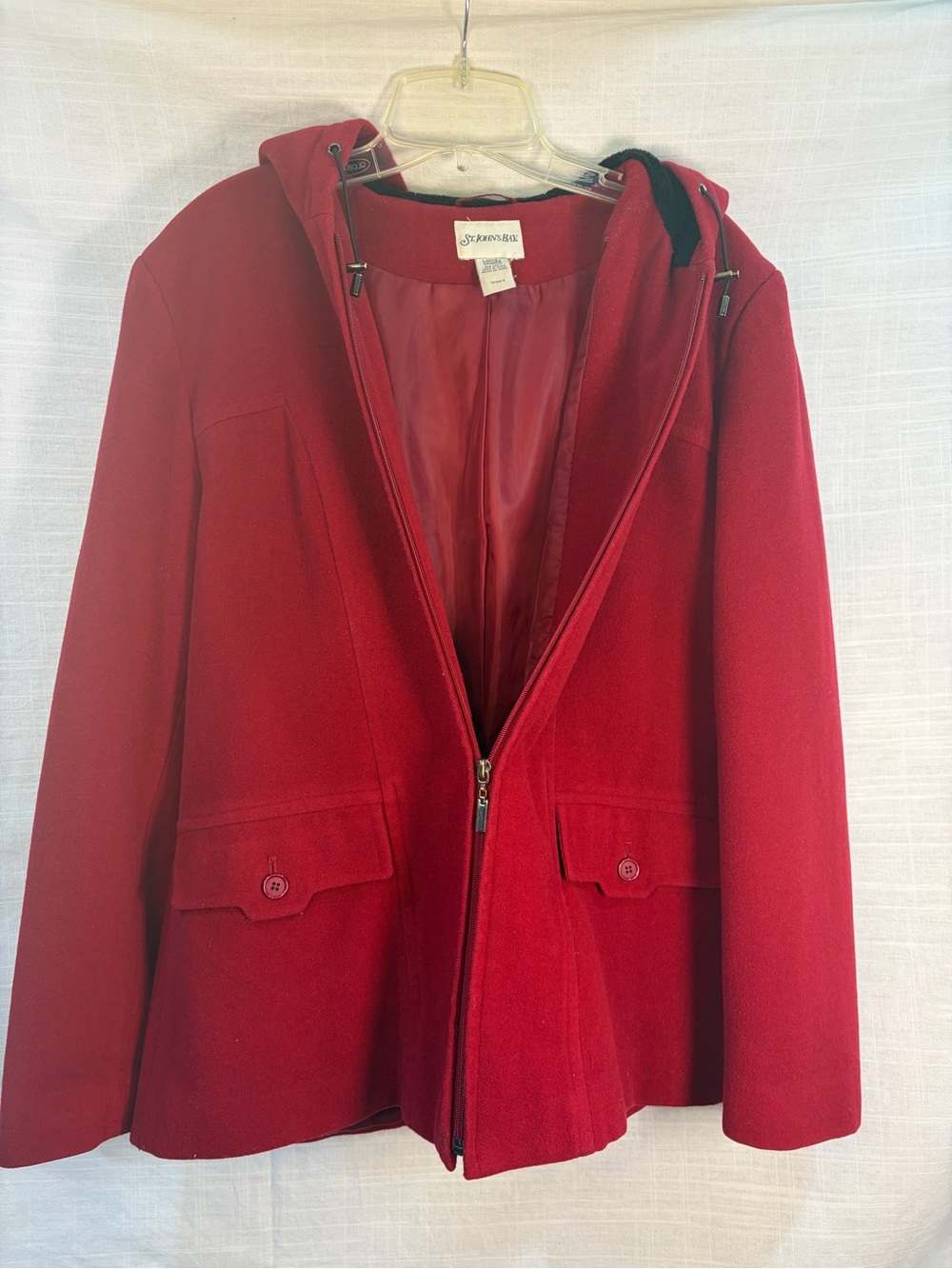 St. John's Bay Women's Wool L  Overcoat with pockets, Zipper and fur lined hood